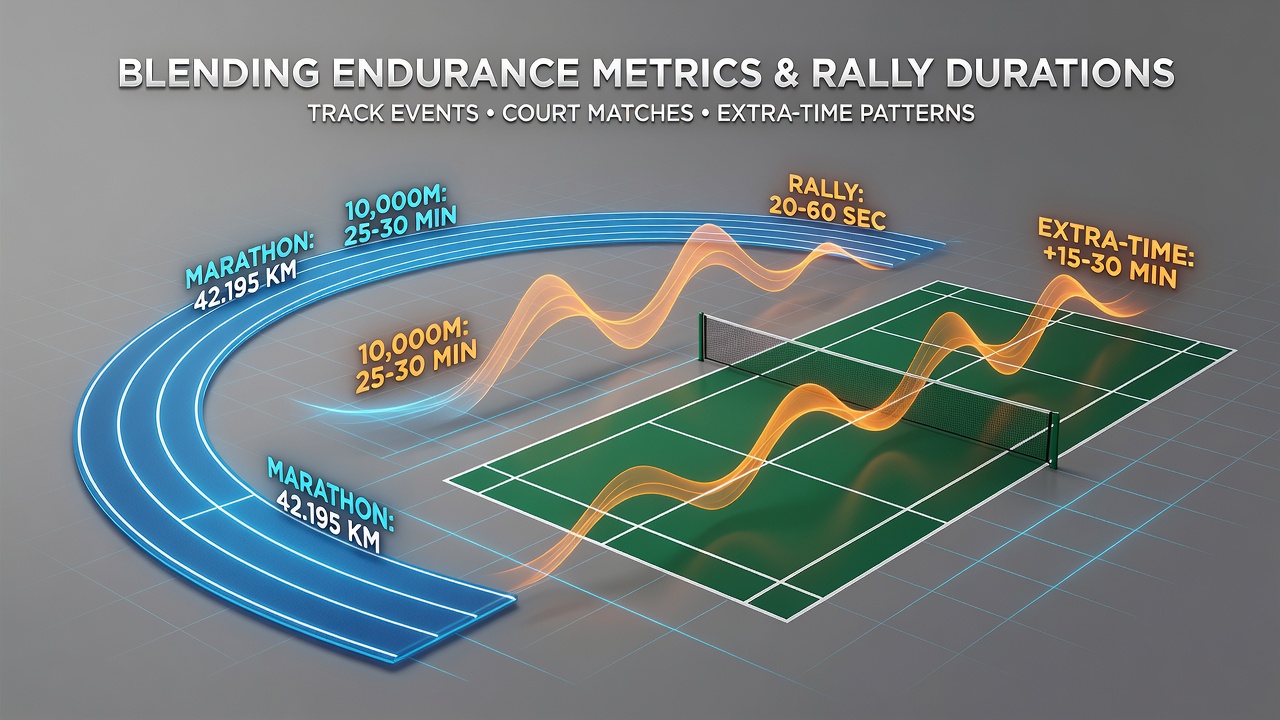Data charts overlaying track splits, tennis rally timelines, and soccer extra-time goal distributions used in wager modeling