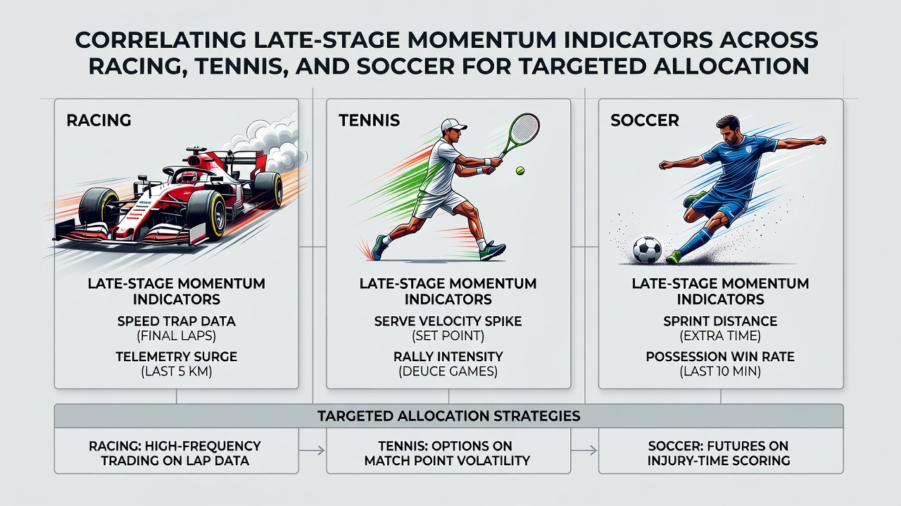 Table comparing correlation values of late momentum indicators in soccer stoppage time, tennis deciders, and racing final furlongs