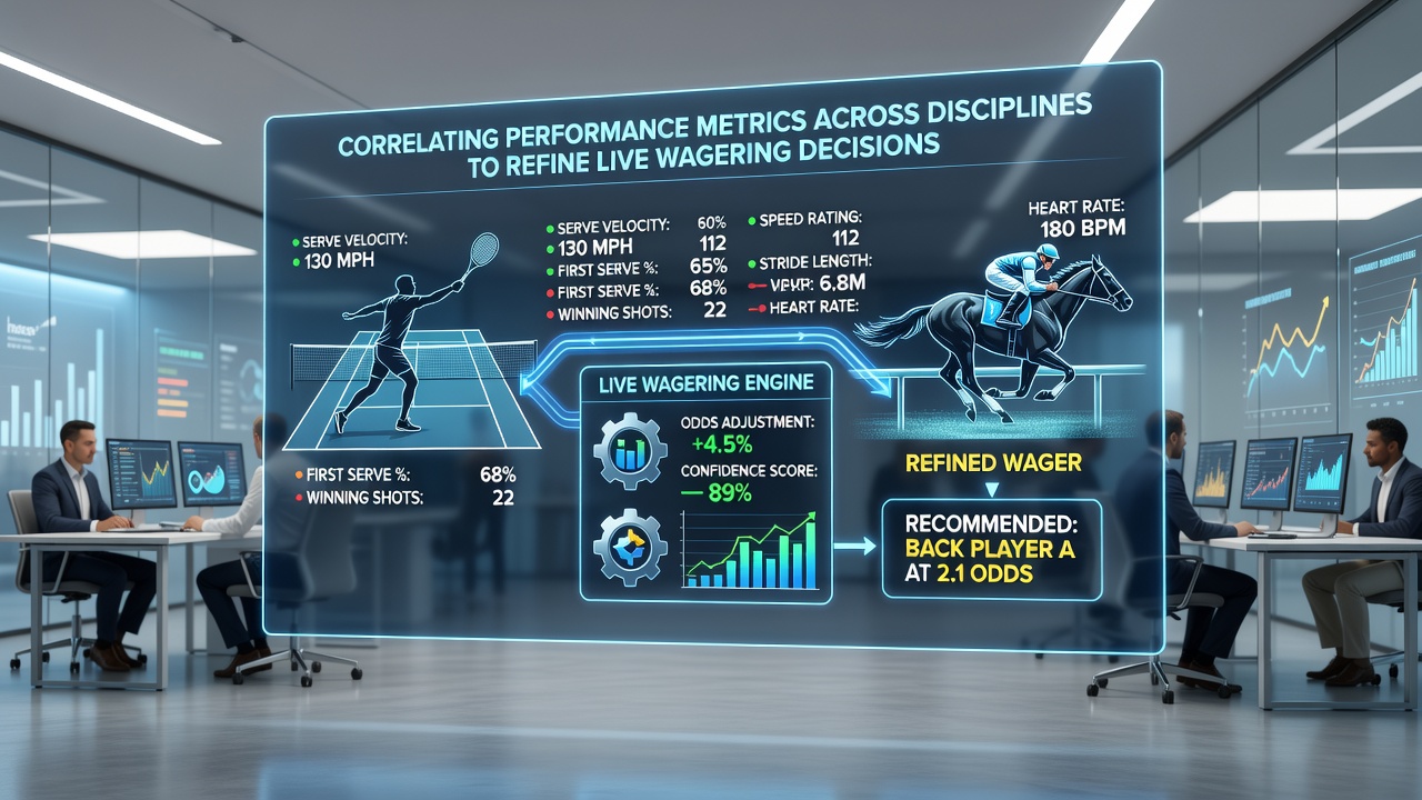 Split-screen display showing synchronized live metrics from a tennis match, a horse race, and a football game used for cross-discipline analysis