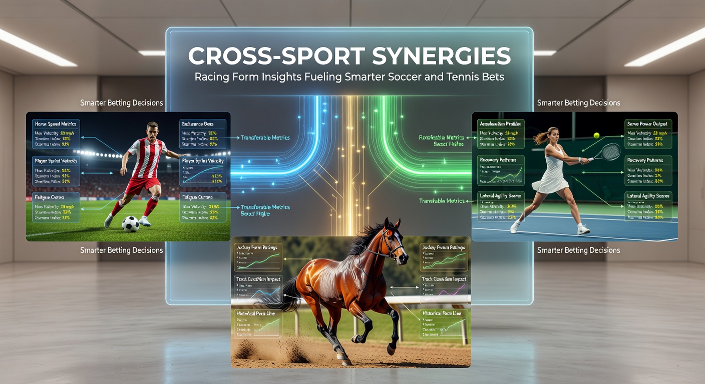 Tennis player serving on clay court with soccer field and racehorse in background, symbolizing cross-sport data application