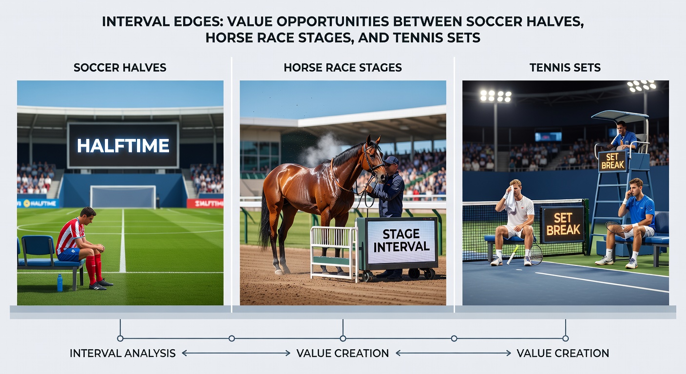 Chart comparing odds movements and value spots in horse racing final furlongs, tennis set breaks, and soccer second halves