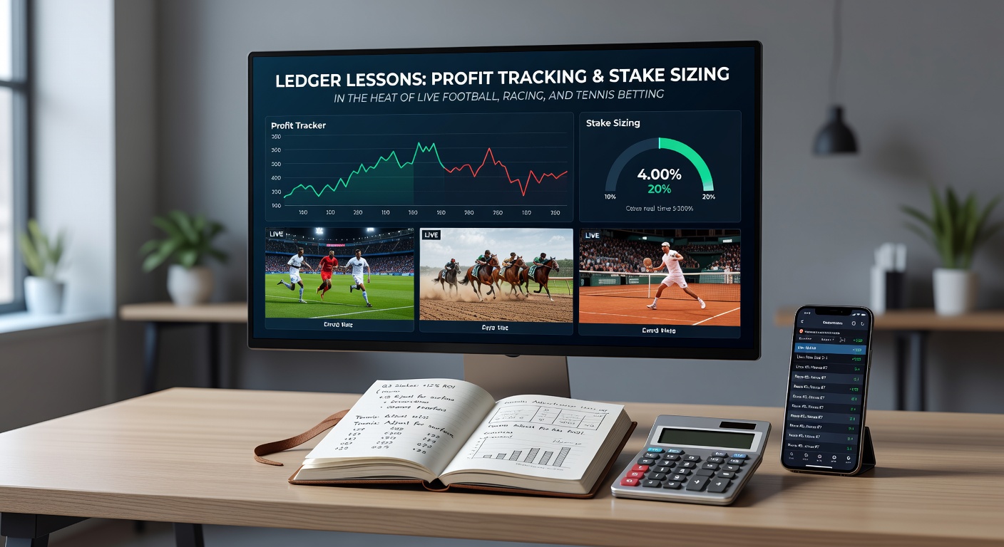 Close-up of a stake sizing chart on a laptop screen during a tense live tennis match, with profit ledger open beside it, illustrating real-time decision-making under pressure