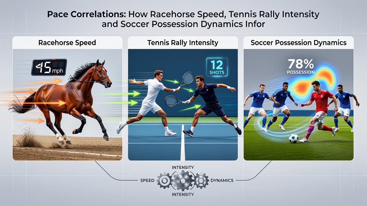 Split-screen graphic showing soccer possession zones aligned with racing pace chart and tennis rally intensity graph during August 2026 events