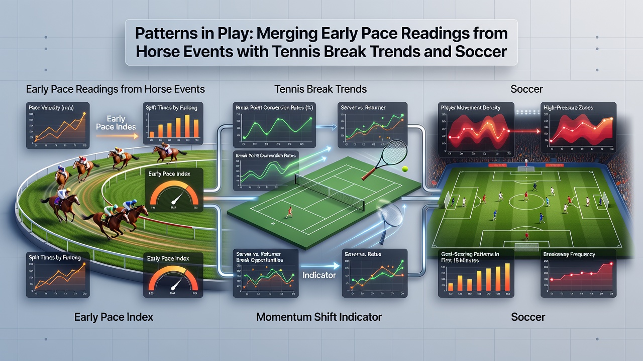 Split-screen visualization comparing real-time pace deviation graphs from a horse race, break-point probability heat maps in tennis, and substitution impact arrows in a soccer match