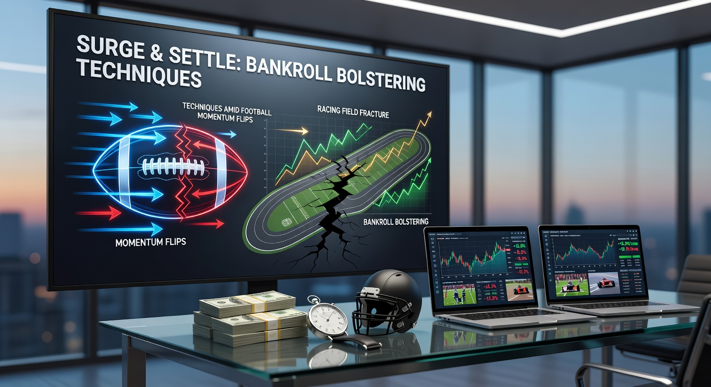 Split-screen visualization of a horse racing field fracturing mid-race alongside tennis rally momentum graphs and football possession surges