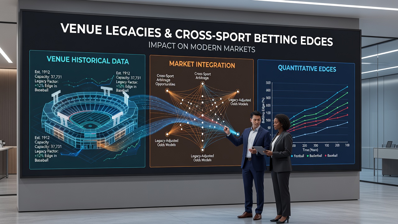 Data visualization of venue legacy metrics overlaid on soccer pitch, tennis court, and racing track